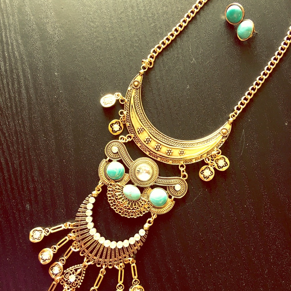 Statement Gold and Turquoise Necklace and Earring